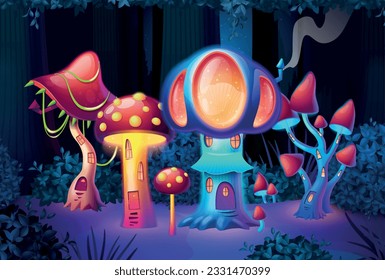 Cartoon magic village in forest with colorful mushroom houses glowing in darkness vector illustration