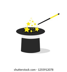 Cartoon magic wand with stars sparks, black magic hat. vector illustration in flat