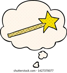 cartoon magic wand with thought bubble in comic book style
