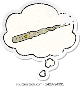 cartoon magic wand with thought bubble as a distressed worn sticker