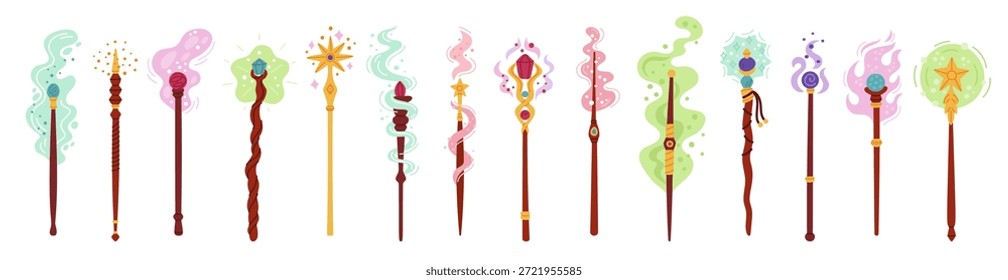 Cartoon varas mágicas com efeitos. Diferentes varas de mago de madeira com decoração, fumaça colorida, faíscas, estrelas e partículas, ferramenta de fantasia de mago com cristais coloridos, conjunto isolado plano vetor enfeitado