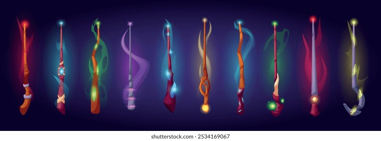 Cartoon magic wands. Wooden stone magician wand with shine effects and jewelry. Equipment of wizard witch for fairy tale game, nowaday vector set