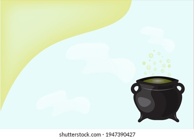 Cartoon magic witch cauldron with green potion and steam. Vector blue and yellow background with place for text. Can be used for Halloween and St. Patrick's Day.