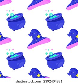 Cartoon magic witch hat stargazer wizard magician. Magic cauldron with potion. Halloween decorations. Neon bright colors. Cool dark cartoon seamless vector pattern background for textile, fabric