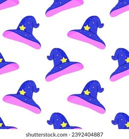 Cartoon magic witch hat stargazer wizard magician. Halloween decorations. Neon bright colors. Cool dark cartoon seamless vector pattern background for textile, fabric, wallpaper, wrapping.