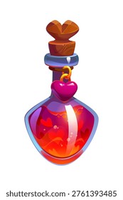 Cartoon magic witch love potion bottle, vector magic elixir glass flask, filled with glowing red liquid and hearts inside. Crystal vial with love alchemy brew, cork stopper and hanging heart charm