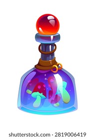 Cartoon magic witch potion bottle with purple liquid and mushroom inside. Wizard elixir flask featuring glass container, red stopper, colorful substance with toadstool. Vector blue potion for game