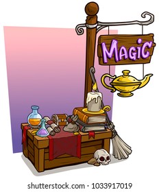 Cartoon magic witch vendor booth or shop market wooden stand. Wooden sign with text Magic. Vector icon for game.