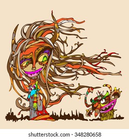 Cartoon magic wizard girl and demon. Vector illustration.