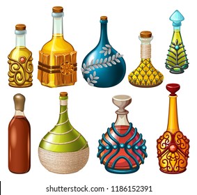 Cartoon magical drinks or poison in glass bottle, decorated with precious stone, ornament and wood. Set elixirs of pirates for computer game on white background. Isolated vector illustration.