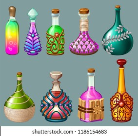 Bebidas mágicas de caricatura o veneno en botella de vidrio, decorado con piedra preciosa, adorno y madera. Ajusta elixirs para el juego de ordenador en fondo gris. Ilustración vectorial aislada.