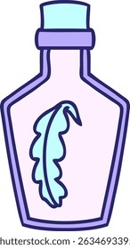 cartoon of a magical feather sealed in a glass bottle in bright neon colors