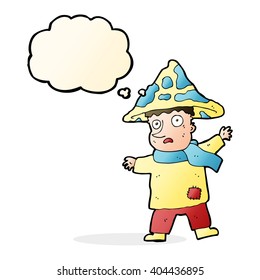 cartoon magical mushroom man with thought bubble