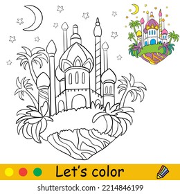 Cartoon magical oriental castle on an island with palm trees. Coloring book page with colorful template for kids. Vector isolated illustration. For coloring book, print, game, party, design