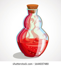 Cartoon magical red potion in a glass flask. Vector illustration.