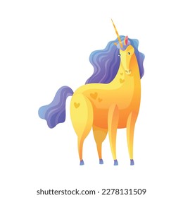 Cartoon magical unicorn with violet mane and tail vector illustration