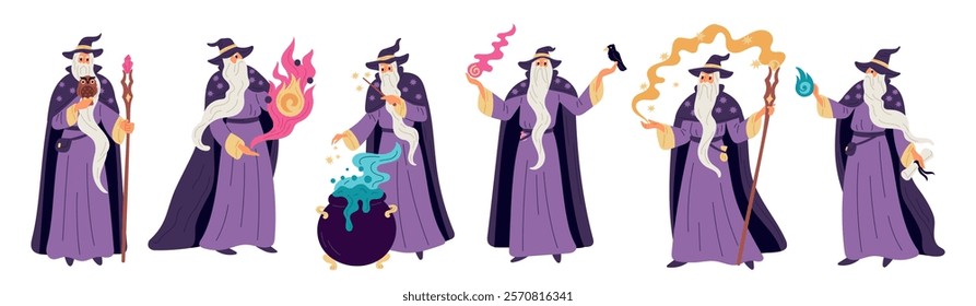 Cartoon magician character. Old wizard with beard and cap. Mystery man in mantle makes potions. Sorcerer doing magic. Warlock casts spells with wand. Merlin poses. Garish