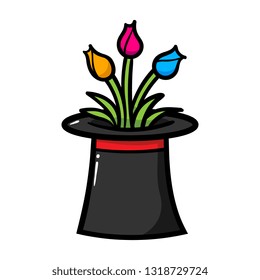 Cartoon Magician Hat and Flowers