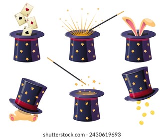 Cartoon magician hat and wand. Illusionist show cylinder cap. Magical accessories with secret. Rabbit ears. Cards ace. Circus stage performance elements. Vector conjuror