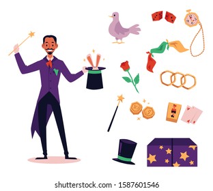 Cartoon magician and his magic trick equipment set - top hat with rabbit ears, cards and coins, dive bird and flags isolated on white background. Flat vector illustration.