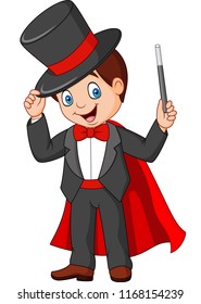 Cartoon magician holding magic wand