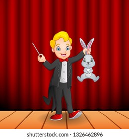 Cartoon magician holding a magic wand and a rabbit 