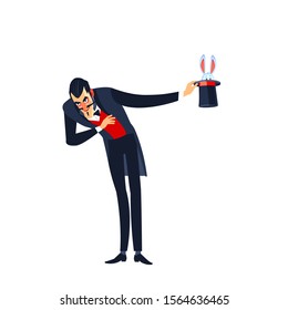 Cartoon Magician or illusionist is showing magic trick  with rabbit. Juggler man, Funny person, Black magic, Illusion. Isolated on white background. Vector illustration. 
