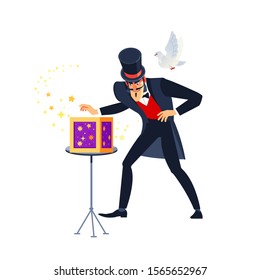 Cartoon Magician or illusionist is showing magic trick  with White dove and mystery magic box, trunk for magic show, tricks with disappearance. Isolated on white background. Vector illustration. 