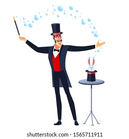 Cartoon Magician or illusionist is showing magic trick  with bubbles and White rabbit in hat, tricks with disappearance. Isolated on white background. Vector illustration.