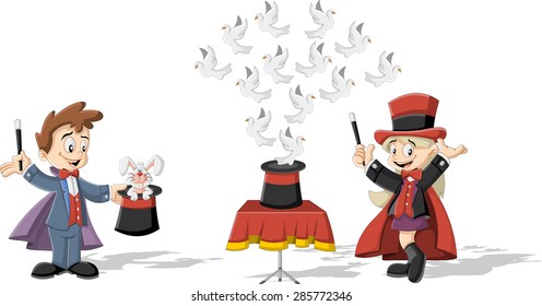 Cartoon magician kids holding magic wands performing tricks with animals