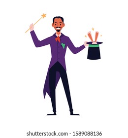 Cartoon magician with magic trick wand holding top hat with rabbit ears coming out - isolated flat vector illustration of man in magical costume doing circus performance.