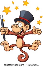 Cartoon magician monkey. Vector clip art illustration with simple gradients. Stars and monkey on separate layers. 