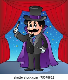 Cartoon magician on circus stage - vector illustration.