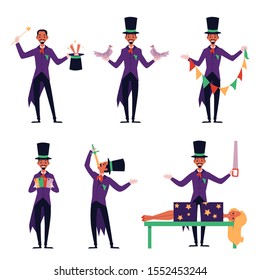 Cartoon magician performing different magic tricks - rabbit in top hat, swallowing a sword, sawing woman in half and other illusions. Isolated flat set vector illustration svg