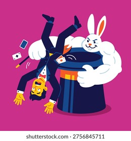 A cartoon magician is pulled upside down out of a magic hat by a giant, muscular white rabbit. Playing cards and a wand are scattered around.