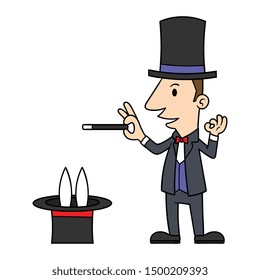 Cartoon Magician and Rabbit in a Hat