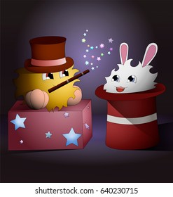 A cartoon magician and a rabbit inside magic hat