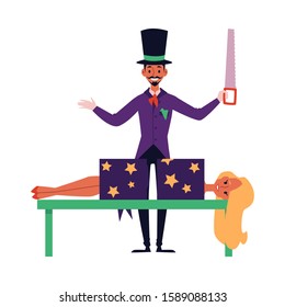 Cartoon Magician Sawing Woman In Half - Magic Trick Show With Smiling Man Holding A Saw And Young Lady Cut Up In A Box. Isolated Flat Vector Illustration.