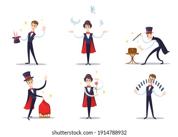 Cartoon magician set. Circus showman wearing top hat and cape, conjurer doing tricks. Vector illustration for show, fair, illusion, imagination concept