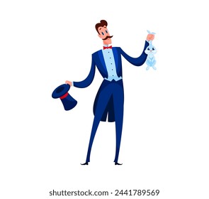 Cartoon magician shapito circus character masterfully conjures a rabbit from empty top hat, enchanting awed audience. Isolated vector flamboyant mustached conjurer wears tuxedo perform in big top tent