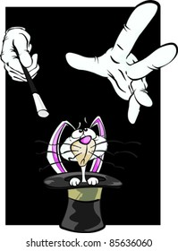 Cartoon magicians hands wave over a very scared white rabbit in a hat! 3 individually grouped elements on a black bg. Single layer outlines over colour shapes.