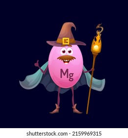Cartoon magnesium micronutrient wizard character. Isolated vector Mg warlock nutrient capsule personage wear witch hat, cape holding staff. Funny food supplement, nutrient or element bubble mage