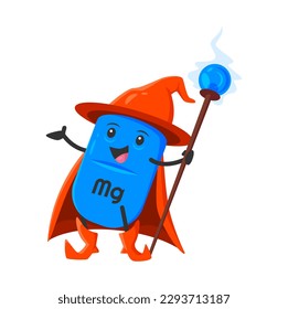 Cartoon magnesium mineral micronutrient wizard character. Isolated vector Mg warlock nutrient capsule personage wear witch hat, cape holding wiz staff. Food supplement, nutrient or element bubble mage