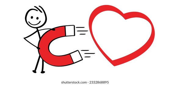 Cartoon magnetic to love. Stickman in love, romance. Drawing, figures man, woman and heart icon. Wedding, valentine day 14 february I loves or miss you Red hearts Symbol. Valentines day