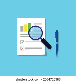 Cartoon with magnifier analysis. Auditing tax, financial market analysis, seo, financial report. vector illustration in flat design on brown background