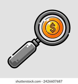 Cartoon magnifying dollar sign, lens focused on details. Suitable for financial blogs, money saving tips, and investment related articles.
