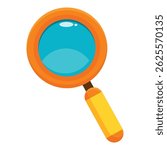 Cartoon magnifying glass with a bright orange handle and a blue lens is searching for a solution