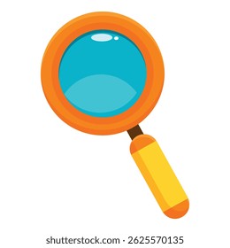 Cartoon magnifying glass with a bright orange handle and a blue lens is searching for a solution