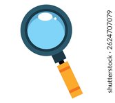 Cartoon magnifying glass with an orange handle, searching for clues and magnifying information