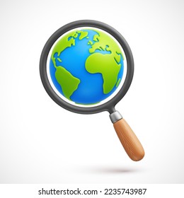 Cartoon magnifying glass with planet Earth 3d vector icon. Research the planet. Exploring the world and global search concept. Vector illustration